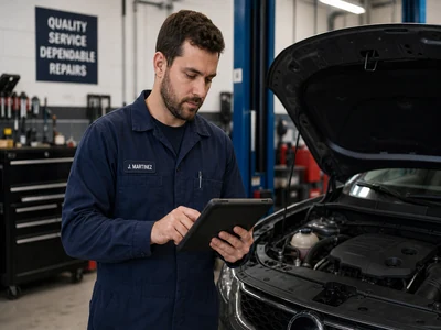 Techniker mit Tablet neben Fahrzeug in Werkstatt