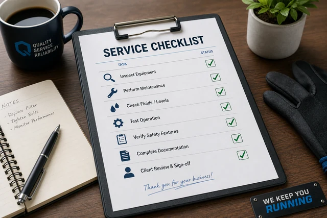 Service-Checkliste und Werkzeug auf hellem Werktisch